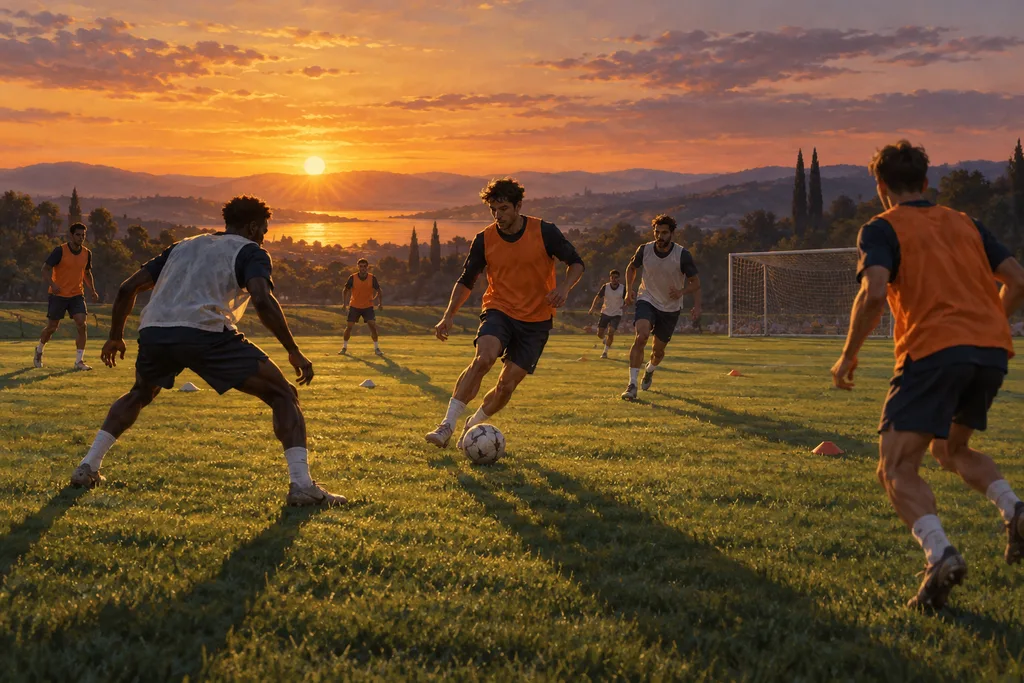 Footballeurs à l'entraînement en fin de journée, ombres longues sur la pelouse.