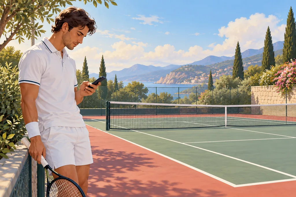 Un joueur de tennis consulte l'indice UV sur son téléphone au bord d'un court ensoleillé.