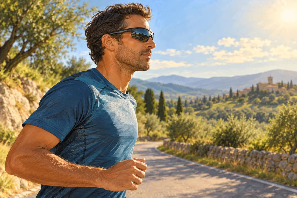 Cycliste amateur portant des lunettes de soleil enveloppantes sur une route ensoleillée.